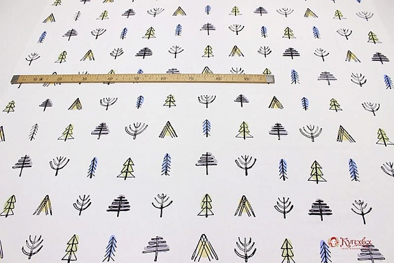 Полулен "Этно-лес на белом", ш.1.5м, лен-30%, хлопок-70%, 147гр/м.кв