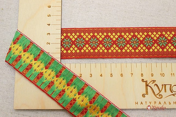 Жак.лента 32мм Орнамент-снежинка (цв.салатово-мятный/желтый) на красном