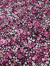 Фланель "Мелони (розовые/т.лиловые цветы на черном)", ш.1.5м, хлопок-92%, вискоза-8%, 180гр/м.кв