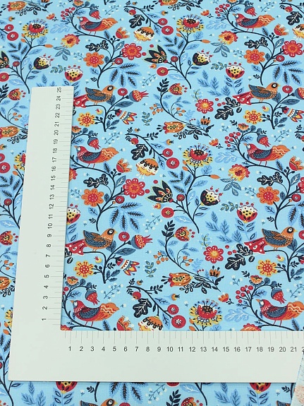 Ситец "Птичка-невеличка" цв.голубой, ш.1.5м, хлопок-100%, 94гр/м.кв