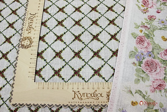 Рогожка "Фарфоровая розочка по кайме на сером меланже", ш.1,5м, хл-100%, 160гр/м.кв