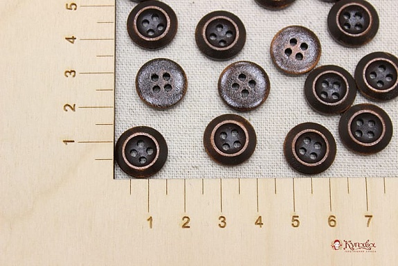 Пуговица темное дерево (светлый ободок),15мм, 4 отверстия