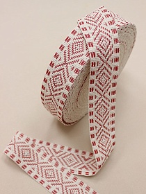 Лента тканая для поясов, 50мм Красный орнамент на суровом, рис.9477