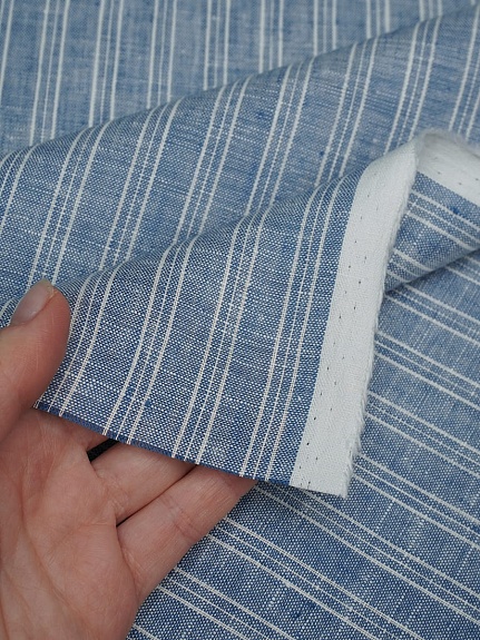 Лен сорочечный с умягчением"Тройная белая полоска" цв.джинсовый, ш.1.5м, лен-100%, 125гр/м.кв