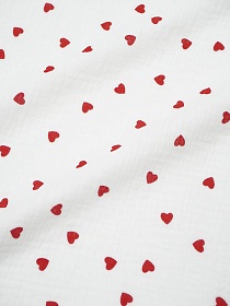 Муслин двухслойный с эф.жатости "Сердечки красные - россыпь" цв.белый, ш.1.4м, хл-100%, 120гр/м.кв