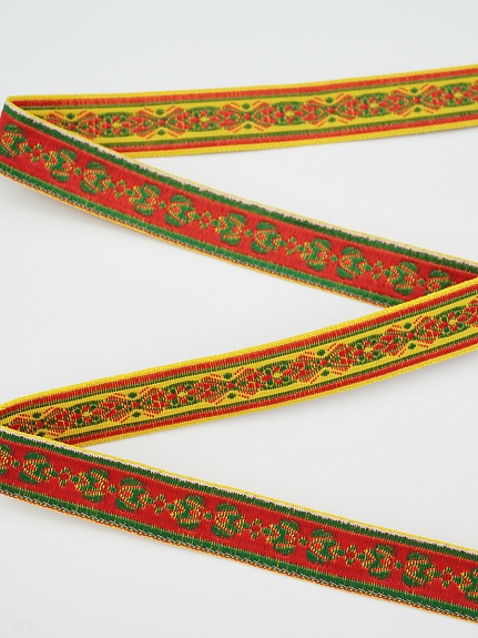 Жак.лента 18мм Красно-зеленый орнамент на желтом, рис.9047