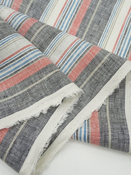 Лен сорочечный пестротканый с умягчением "Полоски" цв.черный/красный/синий, ш.1.5м, лен-100%