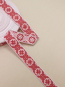 Жак.лента 23мм Красный орнамент на белом, рис.9707/1