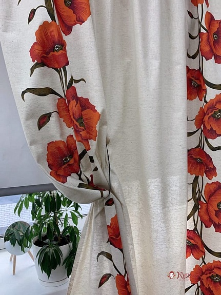 Полулен "Крупные маки по кайме" (на т.суровом), ш.1.5м, хлопок-70%, лен-30%, 140гр/м.кв
