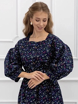 Платье из Теплого хлопка "Разнотравье на чернильном"