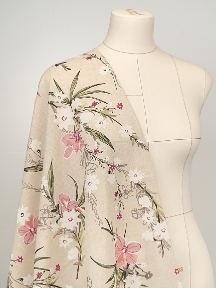 Мерный лоскут Полулен "Орхидеи - розовые цветы" (на суровом), ш.1.5м, лен-30%, хлопок-70%, 140гр/м.кв