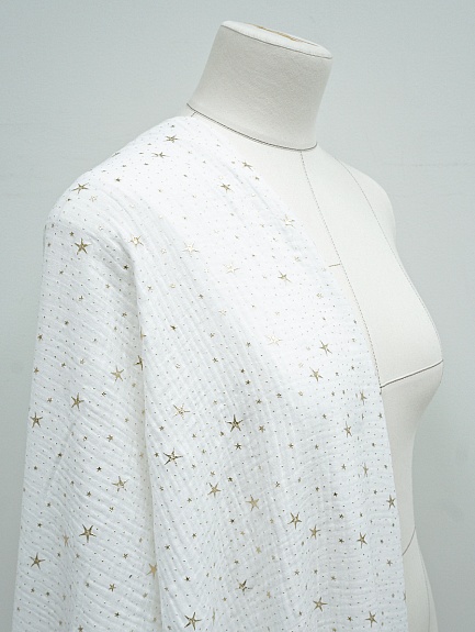 Муслин двухслойный с эф.жатости "Звездочки" (золотой глиттер) цв.белый, ш.1.4м, хл-100%, 140гр/м.кв