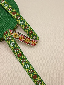 Жак.лента 18мм Желтый/красно-белый орнамент-снежинка на зеленом