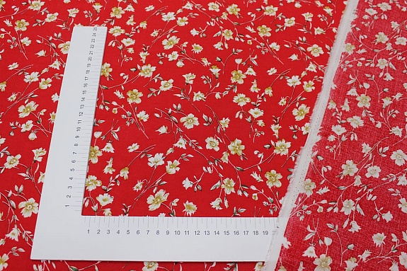 Штапель "Полонез" (горчичные цветы на красном), ш.1.44м, вискоза-100%, 90гр/м.кв