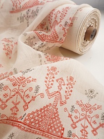 Льняная сетка "Макошь под набойку" цв.кремовый/красный, ш.1.15м, лен-100%, 100гр/м.кв