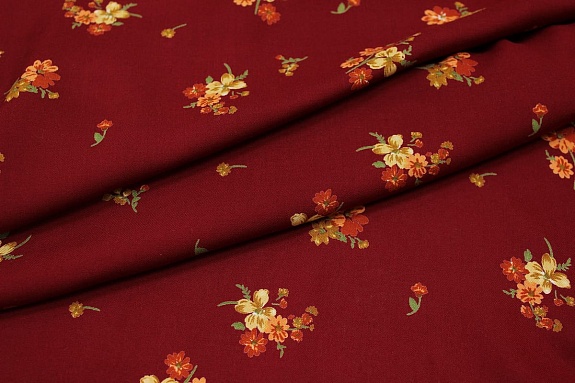 Штапель Премиум "Цветочные букетики" цв.т.бордово-красный, ш.1.45м, вискоза-100%, 120гр/м.кв