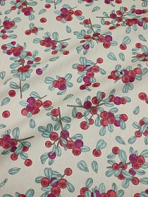 Сатин "Веточки брусники" цв.бежево-молочный, ш.1.60м, хлопок-100%, 110гр/м.кв
