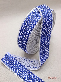 Лента тканая для поясов, 40мм Васильковый орнамент на белом, рис.9535