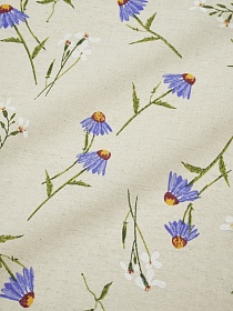 Полулен "Альпийская ромашка-синие цветы" (на суровом), ш.1.5м, лен-30%, хлопок-70%, 140гр/м.кв