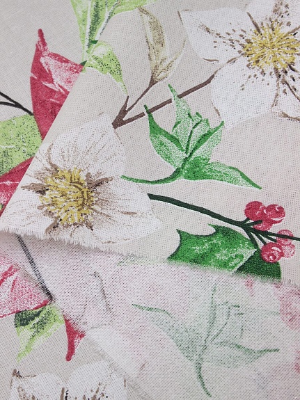 Бязь "Рождество-цветы" цв.бежевый, ГОСТ, 2.2 м, хлопок-100%, 120гр/м.кв