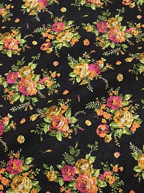Хлопколен "Чайная роза на черном" (оранжевые цветы), ш.1.5м, лен-20%, хлопок-80%, 135гр/м.кв