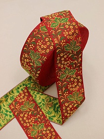 Жак.лента 70мм Лимонно-желтая рябина/зеленые листочки на темно-красном