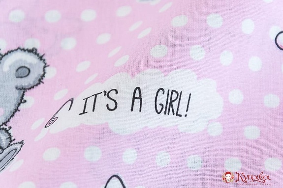 Поплин "Мишутки- девчата на розовом в белый горох", СОРТ2, ш.1.5м, хлопок-100%, 110гр/м.кв