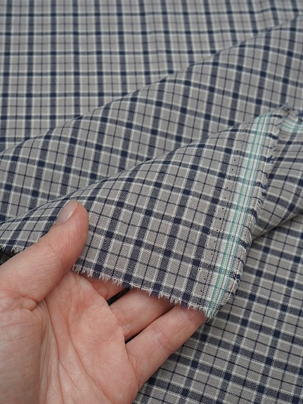 Вареный (стираный) хлопок "Синяя клетка на сером", ш.2.5м, хлопок-100%, 115гр/м.кв