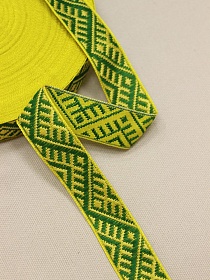 Жак.лента 22мм Зеленый орнамент-оберег на ярко-лимонном