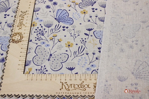 Полулен "Голубые бабочки на суровом", ш.1.5м, лен-30%, хлопок-70%, 140гр/м.кв