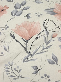 Полулен "Веточки магнолии" цв.пыльно-розовый (на суровом), ш.2.2м, лен-30%, хлопок-70%, 140гр/м.кв