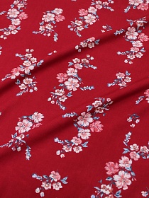 Штапель Премиум "Веточка сакуры (коралловые цветы) на малиновом" СОРТ2, ш.1.45м, вискоза-100%