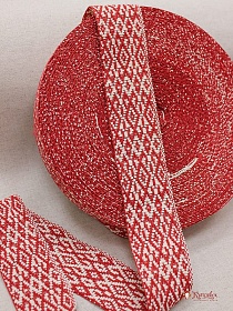 Лента тканая для поясов, 50мм Красный орнамент на суровом, рис.9547