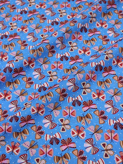 Ситец "Танец бабочек на голубом", шир.1,5м,  хлопок-100%, 100гр/м.кв