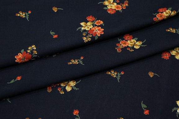 Штапель Премиум "Цветочные букетики" цв.чернильный, ш.1.45м, вискоза-100%, 120гр/м.кв