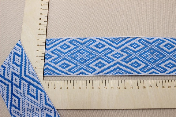 Жак.лента 70мм Бирюзовый славянский рисунок на белом