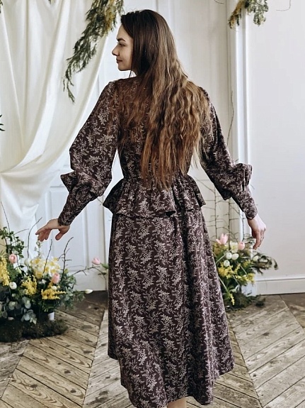 Платье из Теплого хлопка "Осенние травы" в шоколадном цвете