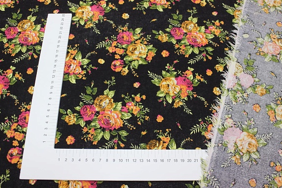 Хлопколен "Чайная роза на черном" (оранжевые цветы), ш.1.5м, лен-20%, хлопок-80%, 135гр/м.кв