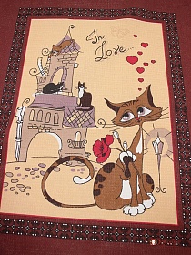 Вафельное полотно "Кошки с сердечками на коричневом", ш.1.5м , хлопок-100%, раппорт 64см