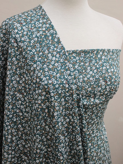 Штапель "Россыпь ромашек" цв.зеленая морская волна, ш.1.47м, вискоза-100%, 90гр/м.кв