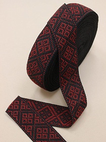 Лента тканая для поясов, 50мм Красные ромбы на черном