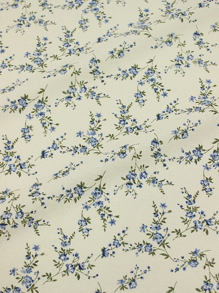 Плательный хлопок с микроворсом"Элиза" (синие цветы на св.телесно-бежевом), ш.1.45м, хл-100%
