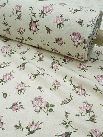 Полулен "Розовые бутоны роз" (на суровом), СОРТ2, ш.1.5м, лен-30%, хлопок-70%, 140гр/м.кв