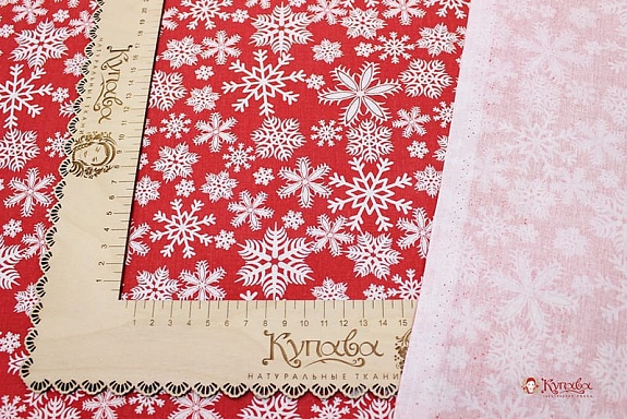 Поплин "Белые снежинки на красном", СОРТ2, ш.1.5м, хлопок-100%,115гр/м.кв