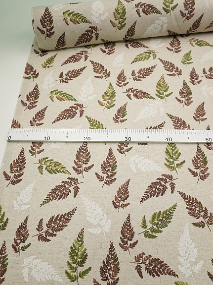 Полулен "Листья папоротника" (на суровом), ш.1.5м, лен-30%, хлопок-70%, 140гр/м.кв