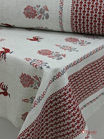 Рогожка "Вышивка - красные петухи на сером меланже", ш.1.5м, хлопок-100%, 165гр/м.кв