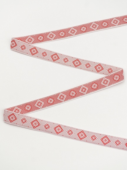 Жак.лента 24мм Красный славянский орнамент на белом, рис.9664/1