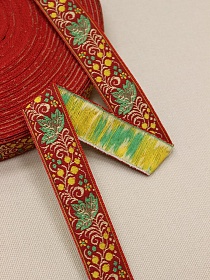 Жак.лента 24мм Желтые ягоды, зеленые листочки на красном