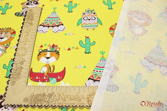 Бязь "Веселые индейцы" цв.желтый, ш.1.5м, хлопок-100%, 142гр/м.кв