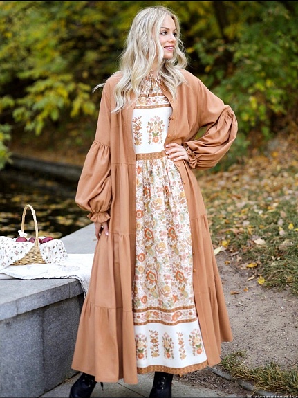 Платье из штапеля "Цветочные букеты с каймой" (терракотовые цветы)